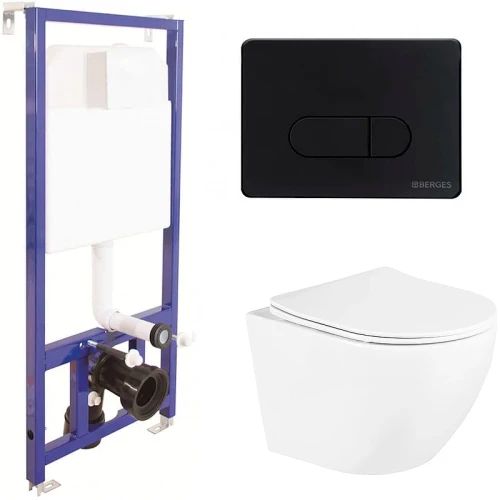 Комплект унитаза BelBagno Uno BB3105CHR/SC с инсталляцией Berges Novum D5 040235 с сиденьем Микролифт и Черной матовой клавишей смыва фаянс подвесной