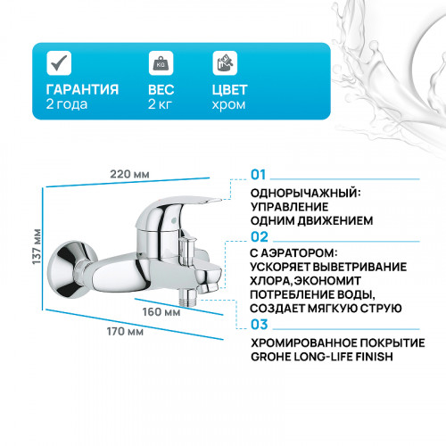 Смеситель для ванны Grohe Euroeco New 32743000 Хром латунь на стену